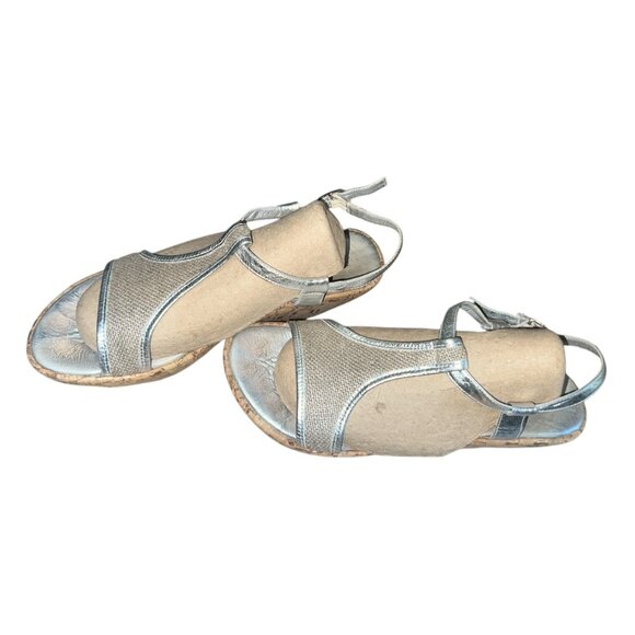 Born MJJ7 Silver Canvas & Leather Peep Toe Slingback Wedges Sz 10 Womens Wooden - Picture 8 of 16